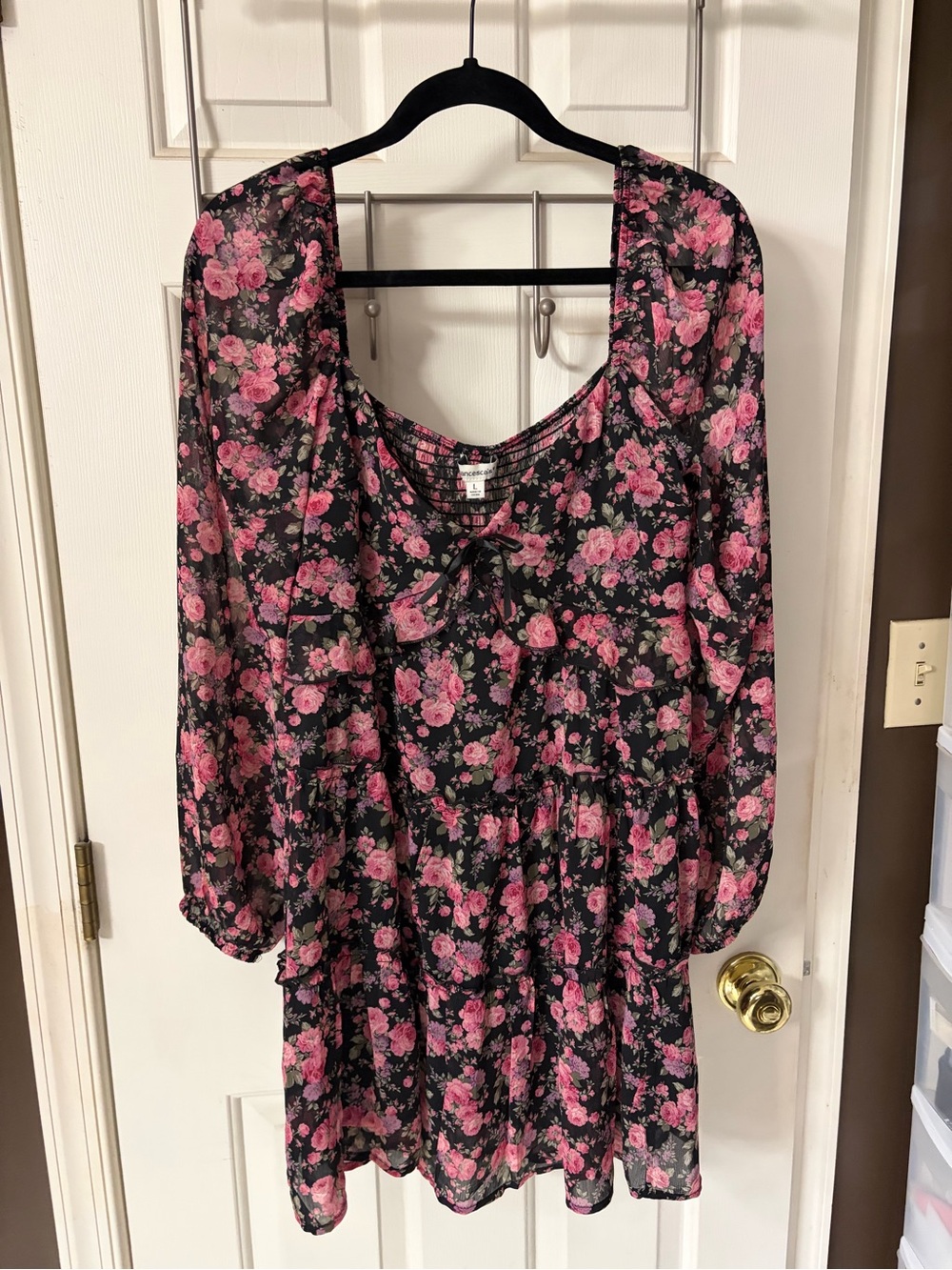 Francesca’s Floral Pink and Black Long-Sleeve Mini Dress Large